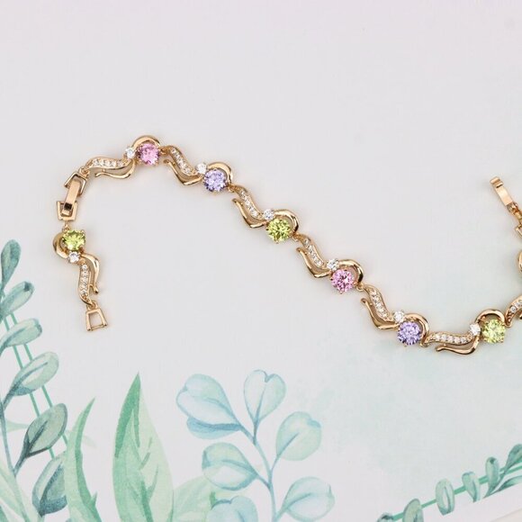 "Rose Gold Bracelet with Wavy Design and Pastel Gemstones, XPBL0817 - Picture 4 of 12